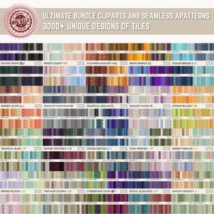 May include: A large collection of tile designs in various colors and patterns. The image includes text that reads "ULTIMATE BUNDLE CLIPARTS AND SEAMLESS APATTERNS 3000+ UNIQUE DESIGNS OF TILES" and "BIG SALE". The designs are organized into color palettes with names like "Mystic Night" and "Sweet Candy".