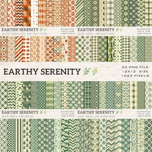 May include: A collection of digital paper designs with various patterns in muted terracotta, olive green, and cream colors. The text "EARTHY SERENITY" is displayed, along with size and file information. Each design is 12x12 inches.