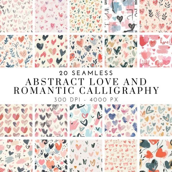Charming Abstract Love Patterns Collection - Digital Paper Pack with Romantic Calligraphy, Heart Designs for Scrapbooking