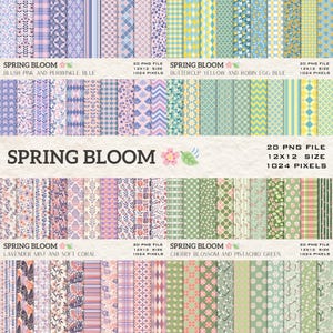 May include: A collection of digital papers with floral and geometric patterns in pastel colors. The papers are labeled "Spring Bloom" and include various color palettes such as blush pink, periwinkle blue, buttercup yellow, and cherry blossom. Each paper is 12x12 inches.