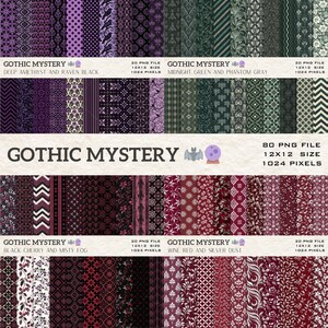 Op de afbeelding: Een verzameling digitale papieren met gotische patronen in paarse, groene en bordeaux tinten. De afbeelding bevat de tekst "Gothic Mystery" en details over de bestandsgrootte en resolutie, 30x30 cm en 1024 pixels.