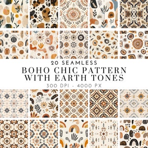 May include: A set of 20 seamless patterns featuring boho chic designs in earthy tones. The patterns include geometric shapes, floral motifs, and abstract elements. The patterns are perfect for creating digital or printed designs.