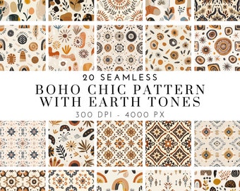 Boho Chic Seamless Pattern Bundle - Earthy Tone Digital Paper Pack - Abstract Botanical & Geometric Designs - Printable Backgrounds