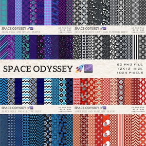 May include: A collection of digital papers with space-themed patterns. The designs include geometric shapes, stars, and celestial elements in various colors like blue, purple, gray, and red. The text "SPACE ODYSSEY" is displayed.