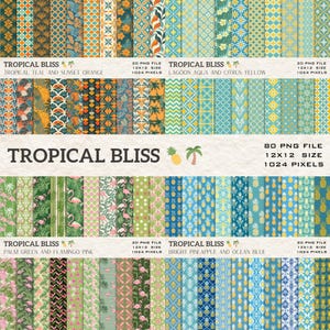May include: A collection of digital papers with tropical patterns. The designs include floral, geometric, and flamingo prints in teal, orange, aqua, yellow, green, pink, and blue. The text "Tropical Bliss" is displayed with a pineapple and palm tree icon.