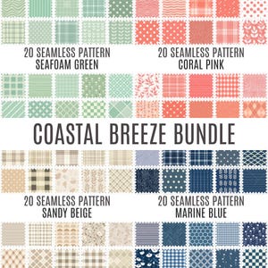 May include: A collection of 80 seamless patterns in a Coastal Breeze Bundle. The patterns are in four color palettes: seafoam green, coral pink, sandy beige, and marine blue. Each color palette includes 20 unique designs, with various geometric and floral motifs.