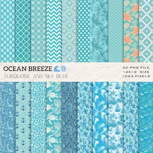 May include: A set of 20 digital paper designs in turquoise and sky blue colours. The designs feature various nautical themes, including anchors, seashells, turtles, jellyfish, and ocean waves. The papers are 12x12 inches and 1024 pixels in size.