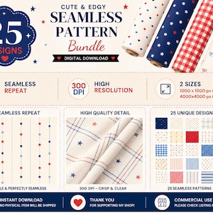 Bunt med 25 patriotiska sömlösa mönster, digitalt papper med röda och vita stjärnor, 4 juli Americana Stars Hearts Gingham-mönster, 300 DPI PNG