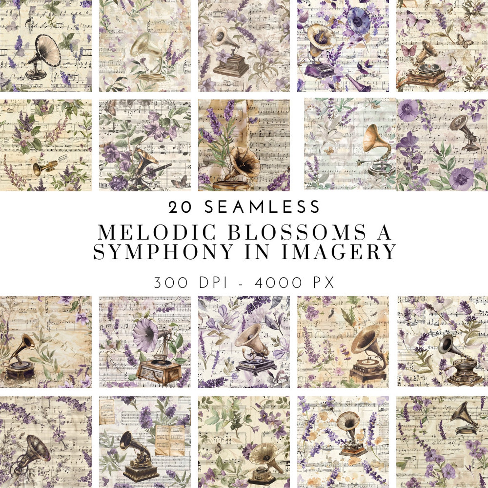 Vintage Music Floral Paper, Seamless Gramophone Lavender Patterns ...