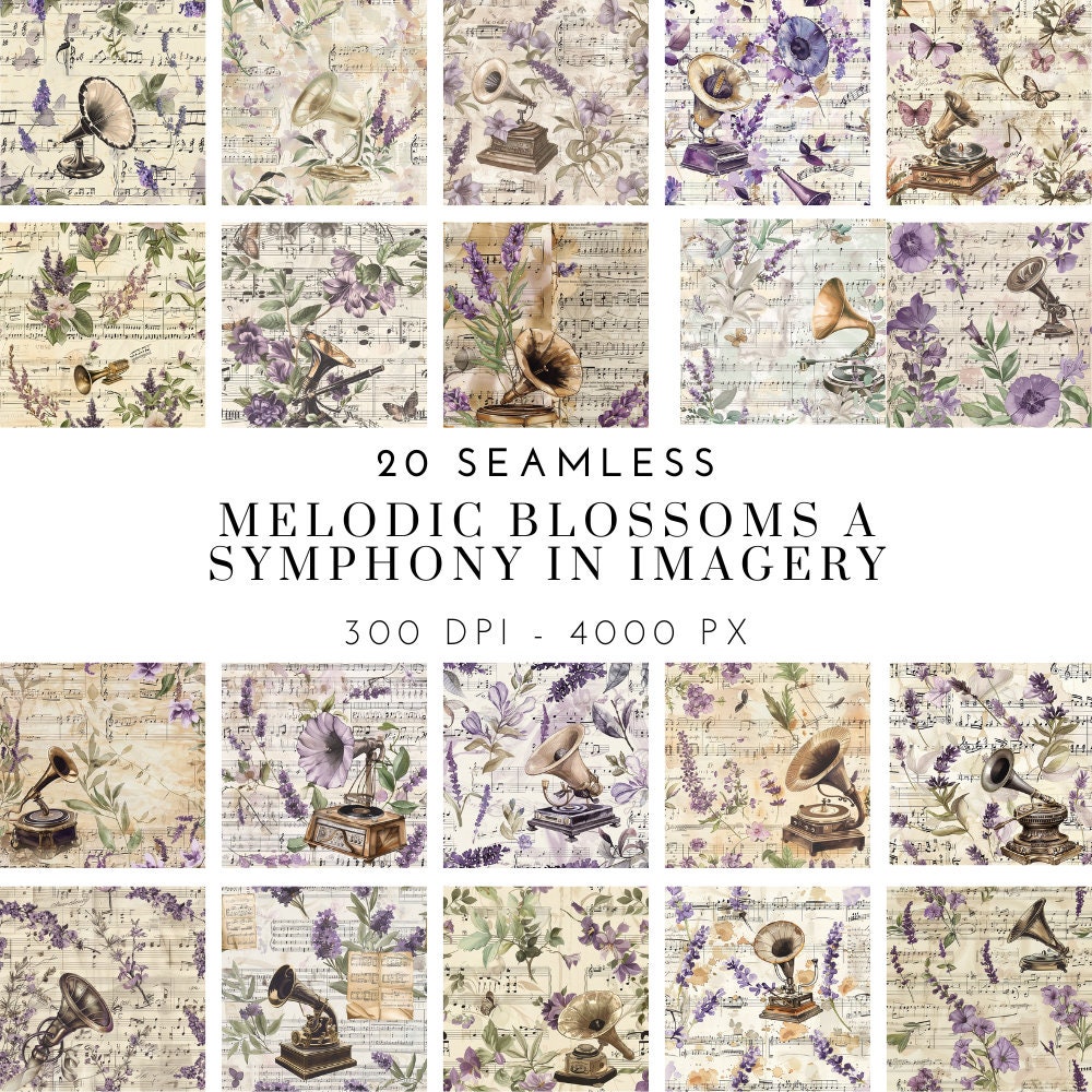 Vintage Music Floral Paper, Seamless Gramophone Lavender Patterns ...
