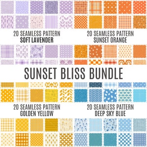 May include: A digital download of 80 seamless patterns in four color palettes: soft lavender, sunset orange, golden yellow, and deep sky blue. The patterns are perfect for creating digital or printed designs.
