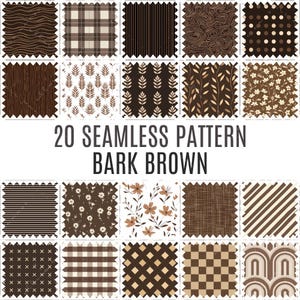 Könnte beinhalten: 20 nahtlose Muster in Braun- und Beigetönen. Die Muster umfassen Streifen, Punkte, Karos, Blumen und geometrische Designs.