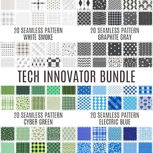 Könnte beinhalten: Eine digitale Illustration von 80 nahtlosen Mustern in vier Farbpaletten: Weißrauch, Graphitgrau, Cybergrün und Elektroblau. Die Muster sind in einem Raster angeordnet, wobei der Name der Farbpalette oben in jedem Abschnitt steht. Der Text "TECH INNOVATOR BUNDLE" ist oben in der Mitte des Bildes platziert.