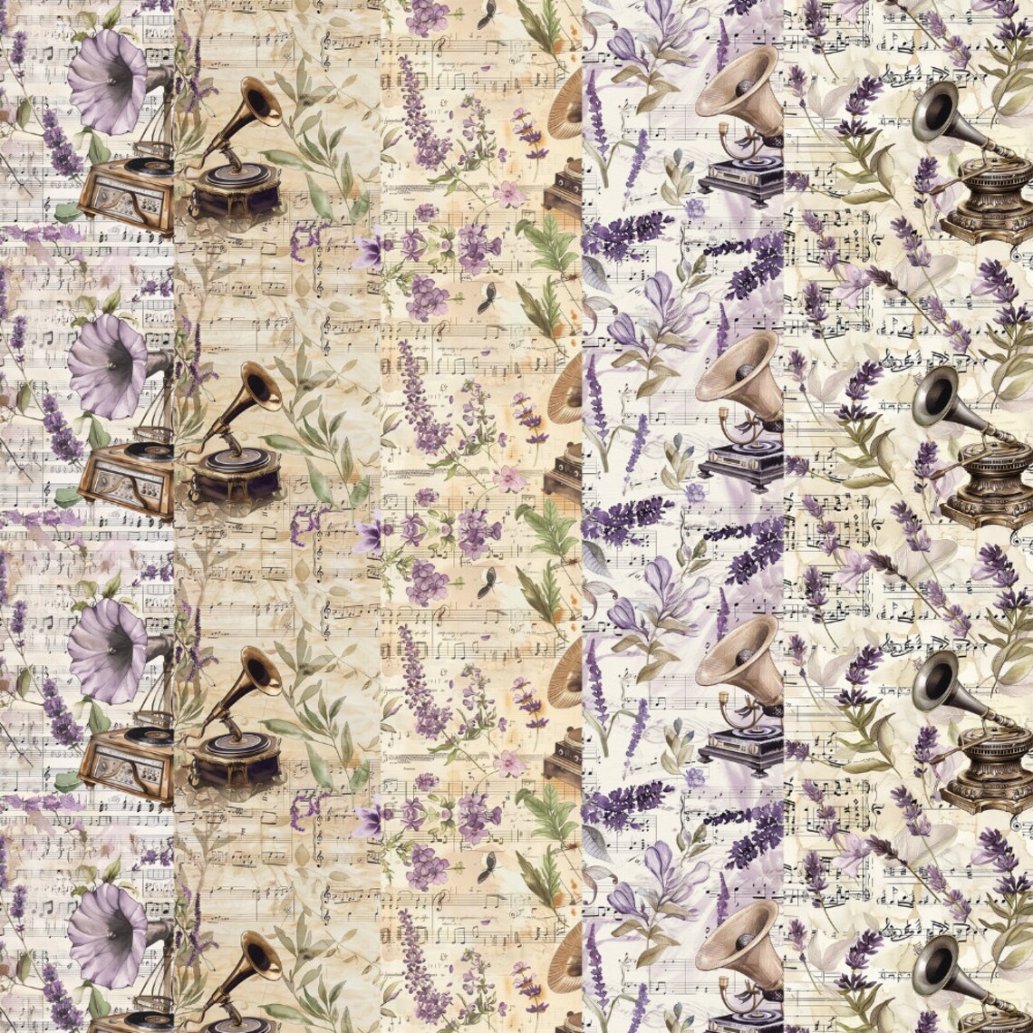 Vintage Music Floral Paper, Seamless Gramophone Lavender Patterns ...
