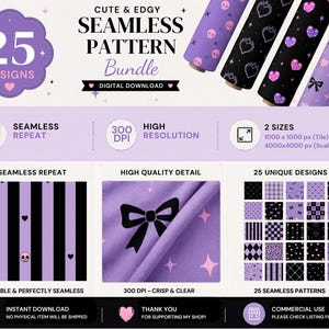 May include: A digital download bundle featuring 25 seamless patterns in a cute and edgy style. The patterns include skulls, hearts, bows, and stripes in black and purple. The image also shows the text "25 Designs" and "Seamless Pattern Bundle".