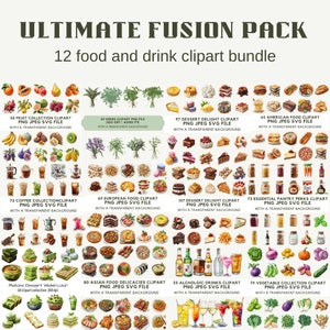 May include: A digital clipart bundle of 12 food and drink categories, including fruit, herbs, coffee, desserts, European food, pantry items, Asian food, alcoholic drinks, and vegetables. Each category features a collection of watercolor illustrations with a transparent background.