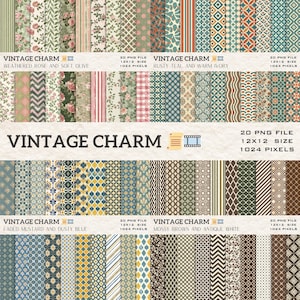 Może przedstawiać: Kolekcja cyfrowych papierów w stylu vintage z różnymi wzorami, w tym kwiatowymi, paskami i geometrycznymi. Papiery charakteryzują się paletą barw w postaci stonowanych zieleni, różów, błękitów i brązów. Tekst "VINTAGE CHARM" jest wyświetlany wraz ze szczegółami rozmiaru.