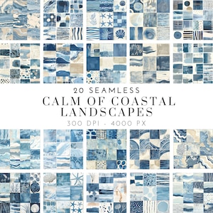 May include: 20 seamless digital paper patterns featuring calming coastal landscapes in shades of blue, white, and beige. The patterns include seashells, starfish, and wavy lines.
