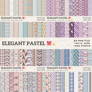 Puede incluir: Una colección de papeles digitales pastel con varios patrones, incluyendo rayas, florales y diseños geométricos. Los papeles son en tonos melocotón, azul, malva y rosa. El texto dice "Elegant Pastel" e incluye la información de tamaño y archivo.