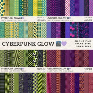 May include: A collection of digital papers with geometric and abstract patterns in various color schemes. The text "CYBERPUNK GLOW" is displayed, along with details like "20 PNG FILE" and "12x12 SIZE". Colors include teal, yellow, magenta, purple, and neon orange.