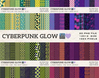 May include: A collection of digital papers with geometric and abstract patterns in various color schemes. The text "CYBERPUNK GLOW" is displayed, along with details like "20 PNG FILE" and "12x12 SIZE". Colors include teal, yellow, magenta, purple, and neon orange.