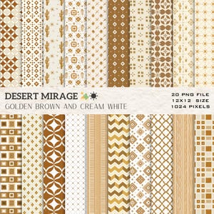 May include: A set of 20 digital paper patterns in a desert mirage theme. The patterns feature geometric designs in golden brown and cream white colors. The papers are 12x12 inches and 1024 pixels in size.
