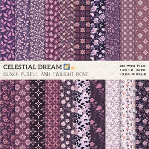 May include: A set of 20 digital paper designs in a dusky purple and twilight rose colour scheme. The designs feature floral patterns, geometric shapes, and abstract textures. The papers are 12x12 inches and 1024 pixels in size.