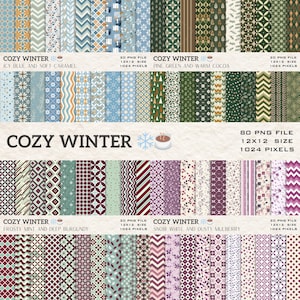 Puede incluir: Una colección de diseños de papel digital con temas de invierno. Los patrones incluyen formas geométricas, motivos florales y rayas en varios colores como azul, verde, burdeos y blanco. El texto "COZY WINTER" se muestra con el tamaño y las dimensiones del archivo.