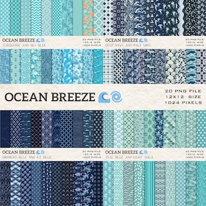 May include: A selection of digital papers in shades of blue and turquoise, with patterns including geometric shapes, waves, and marine life. The text "OCEAN BREEZE" is visible, alongside file size details. Suitable for digital art projects.