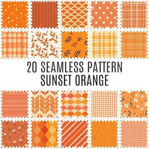 Puede incluir: 20 patrones sin costuras en una paleta de colores naranja atardecer. Los patrones incluyen formas geométricas, diseños florales y patrones de cuadros.