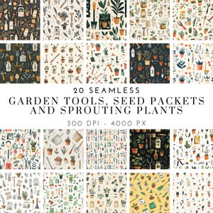 May include: 20 seamless patterns featuring illustrations of garden tools, seed packets, and sprouting plants. The patterns are in various colours, including green, brown, yellow, and red. The patterns are 300 DPI and 4000 pixels.