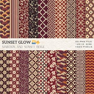 Puede incluir: Un conjunto de 20 patrones de papel digital en colores marrón y beige. Los patrones presentan diseños geométricos, motivos florales y texturas abstractas. Los papeles miden 12x12 pulgadas y 1024 píxeles.  "Sunset Glow" y "Maroon and Sunset Beige" están escritos en la imagen.