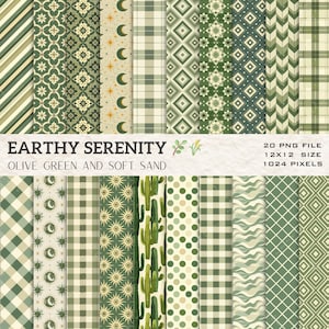 Pacote de papel digital Earthy Serenity – Padrões sem emendas verde-oliva e areia macia – 20 arquivos PNG – Scrapbooking e artesanato