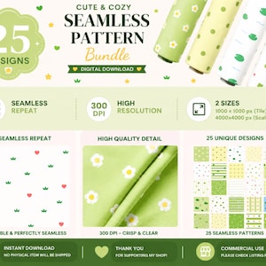 Puede incluir: Gráfico de descarga digital para un "Cute & Cozy Seamless Pattern Bundle" con 25 diseños. La imagen muestra varios patrones, incluyendo diseños florales y temáticos de la naturaleza, e incluye el texto "Seamless Repeat" y "High Resolution".