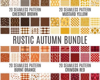 May include: A digital download of 80 seamless patterns in four autumnal color palettes: chestnut brown, mustard yellow, burnt orange, and crimson red. The patterns include various geometric shapes, floral designs, and plaid textures.