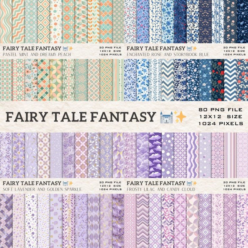 Fairy Tale Fantasy Digital Paper | 80 Seamless Patterns | Pastel ...