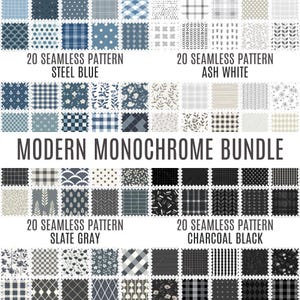 May include: A set of 80 seamless patterns in four monochrome colour palettes: steel blue, ash white, slate grey, and charcoal black. The patterns include geometric shapes, floral designs, and abstract textures.