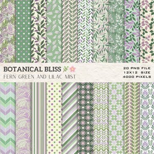 May include: Digital paper pack featuring botanical designs in green and lilac hues. Patterns include leaves, polka dots, stripes, and geometric motifs. The text reads "Botanical Bliss" and "Fern Green and Lilac Mist". The file size is 30.48 x 30.48 cm.