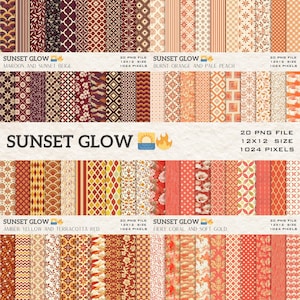 Könnte beinhalten: Eine Sammlung digitaler Papierpakete mit verschiedenen Mustern und Farben. Die Pakete sind mit "Sunset Glow" beschriftet und enthalten Designs in den Farben Burgunderrot, Beige, Orange, Pfirsich, Gelb, Terrakotta, Koralle und Gold. Jedes Paket enthält 20 PNG-Dateien, 30,48 cm x 30,48 cm.