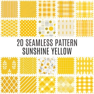 May include: 20 seamless patterns in sunshine yellow. The patterns include stripes, polka dots, plaid, chevron, floral, and geometric designs.