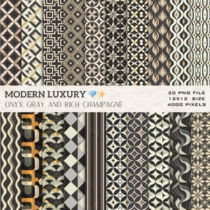 Op de afbeelding: Een verzameling van 20 digitale papieren met geometrische patronen in onyxgrijs en rijke champagnekleuren. De papieren bevatten verschillende ontwerpen, waaronder diamanten, kruisen en bloemmotieven. De tekst luidt "Modern Luxury" en "Onyx Gray and Rich Champagne".