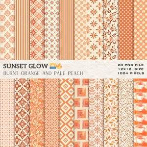 Könnte beinhalten: Ein Set mit 20 digitalen Papiermustern in den Farben gebranntes Orange und blasses Pfirsich. Die Muster umfassen geometrische Formen, florale Designs und Streifen. Die Papiere sind 12x12 Zoll groß und haben eine Auflösung von 1024 Pixeln.