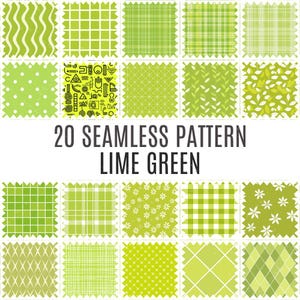 May include: 20 seamless lime green patterns. The patterns include geometric shapes, polka dots, wavy lines, and floral designs.