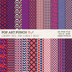 May include: A collection of digital papers with various patterns in cherry red, cobalt blue, and white. The designs include polka dots, geometric shapes, and floral motifs. The text on the image reads "POP ART PUNCH" and "CHERRY RED AND COBALT BLUE".