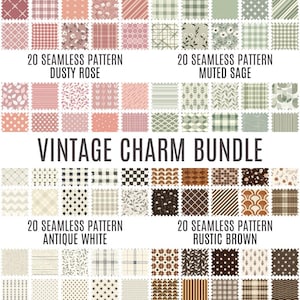 May include: A digital download of 80 seamless patterns in four colour palettes: dusty rose, muted sage, antique white, and rustic brown. The patterns include various geometric shapes, floral designs, and plaid patterns.
