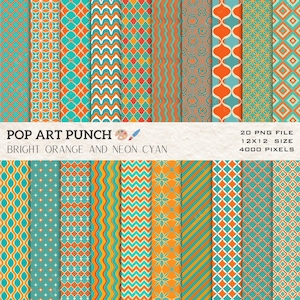 Puede incluir: Una colección de 20 papeles digitales con patrones de color naranja brillante y cian neón. Los diseños incluyen formas geométricas, zigzags y motivos florales. Se muestra el texto "POP ART PUNCH" y "BRIGHT ORANGE AND NEON CYAN". Cada papel mide 30,48 x 30,48 cm.