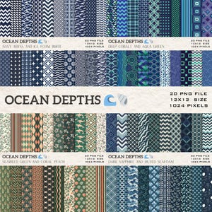 May include: A selection of digital papers featuring diverse patterns in blues, greens, and coral hues. The text "OCEAN DEPTHS" is visible, alongside file details: 12x12 inches, equivalent to 30.48 x 30.48 cm, and 1024 pixels.