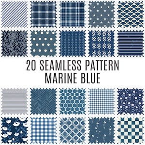 May include: 20 seamless patterns in various marine blue shades. The patterns include stripes, polka dots, plaid, chevron, geometric shapes, and floral designs.
