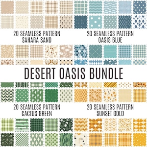 May include: A collection of fabric swatches with various patterns in neutral tones, blues, greens, and golds. The text "DESERT OASIS BUNDLE" is displayed prominently, along with the text "20 SEAMLESS PATTERN" and the names of the color palettes.