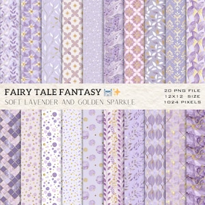 Weiches Lavendel und goldenes Funkeln nahtlose Muster - Fairy Tale Fantasy Digital Paper Pack - 20 PNG-Dateien - Scrapbooking und Basteln